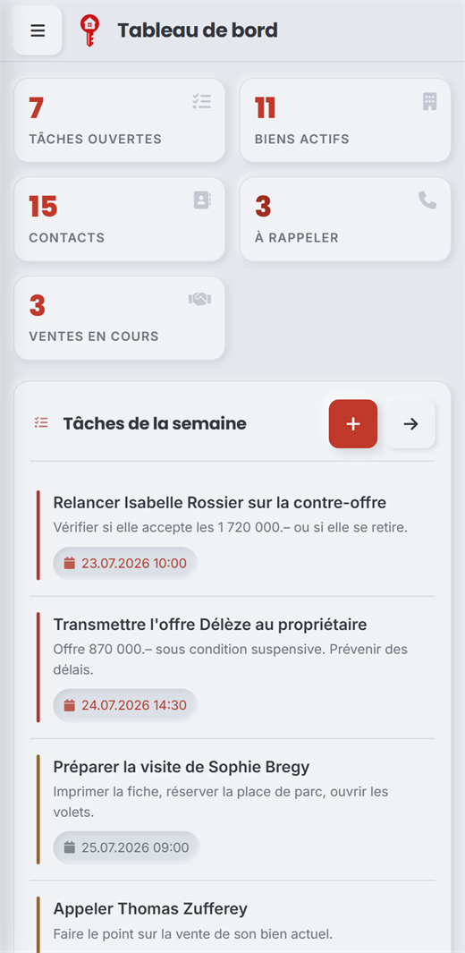 RedKey sur téléphone : tableau de bord et tâches de la semaine.